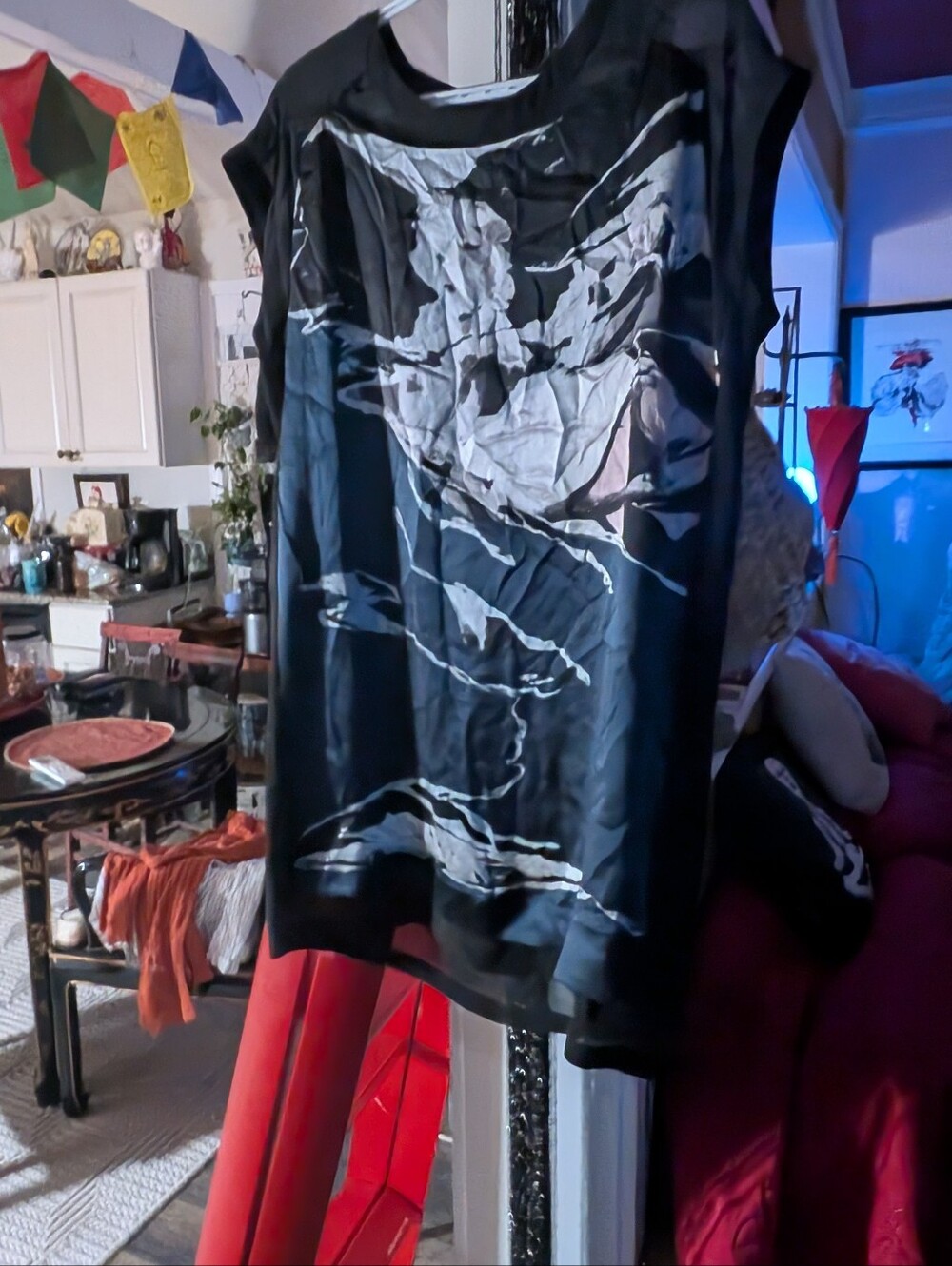 AllSaints Black Silk Top with Metallic Logo Detail